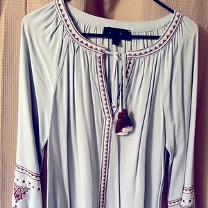 Light blue long-sleeved dress with burgundy detail. Size: Med LIKE NEW WORN ONCE